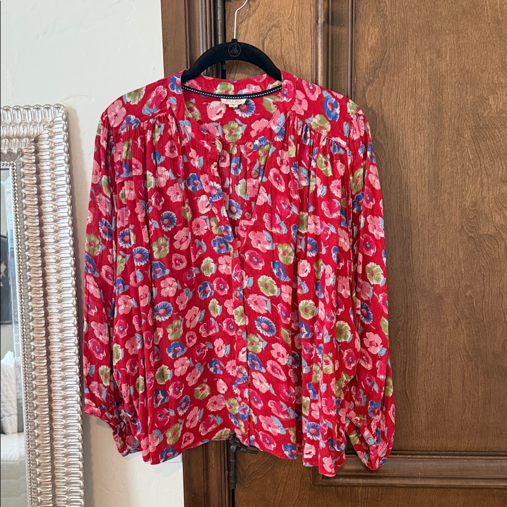 Pilcro Red Floral Blouse with Blue and Green Accents